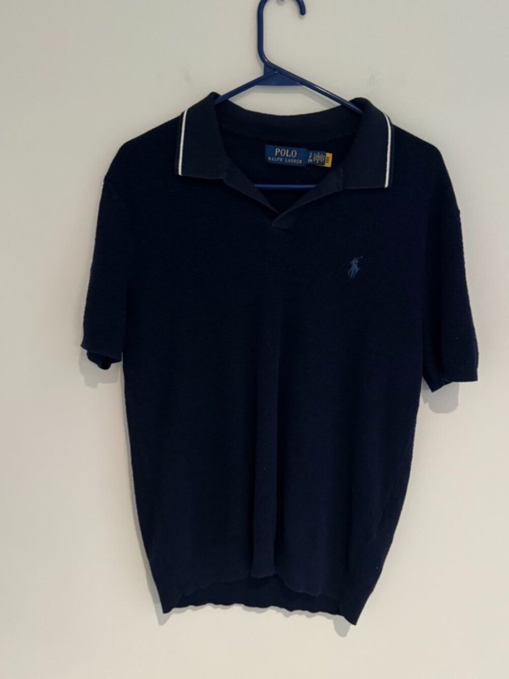 Ralph Lauren Blue Cotton-Linen Johnny-Collar Sweater Polo Size Small Like New